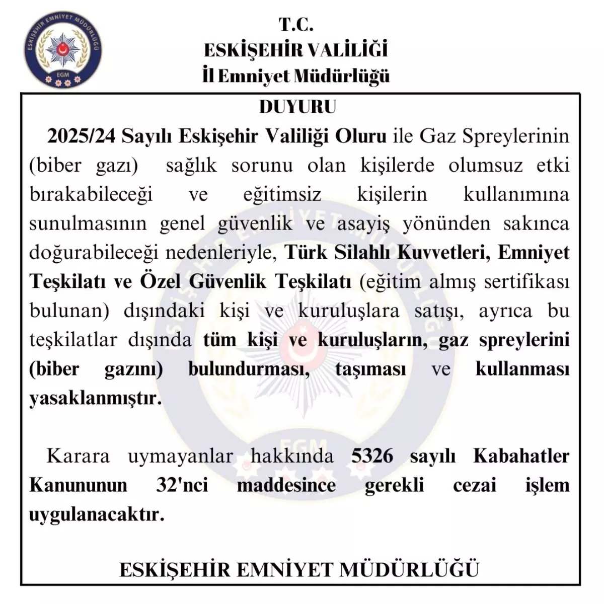 Eskişehir’de Biber Gazı Yasağı